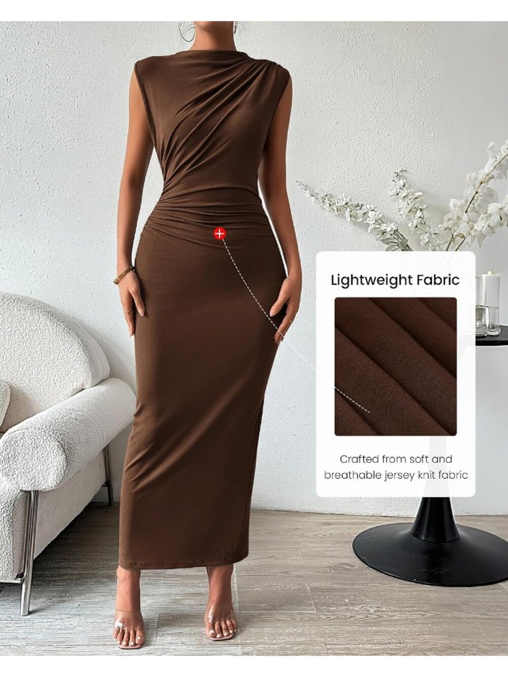 Women's Coffee Summer Casual Back Slit Cocktail Ruched Bodycon Guest Maxi Dress - Picture 6 of 6